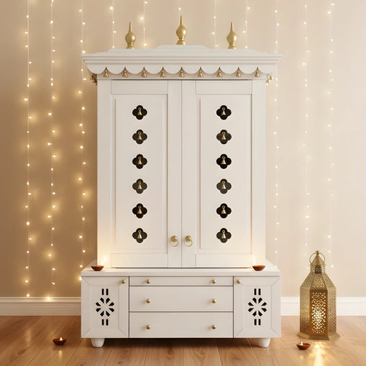 lifestyle view of Vrittika Teak Wood Pooja Mandap with Door (White) 