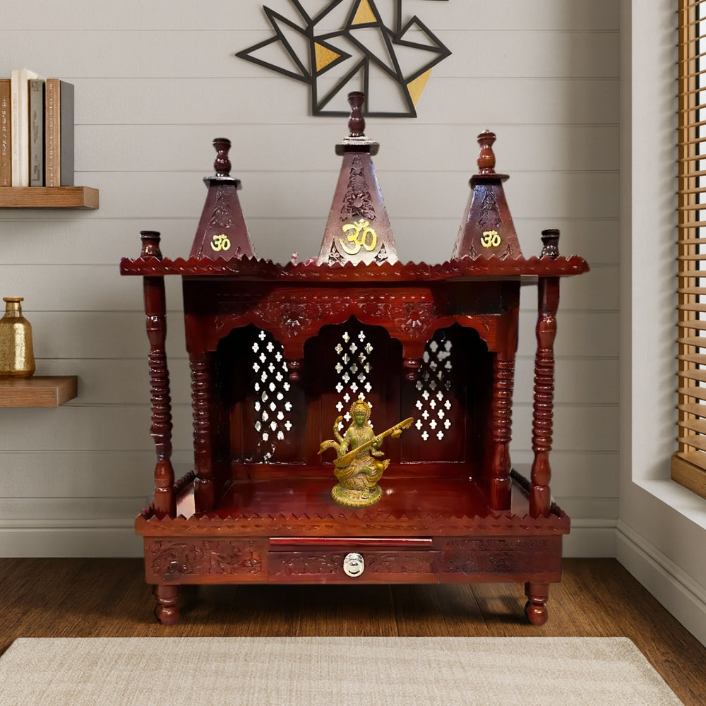 lifestyle view of dimensions of Kaveri Teak Wood Mandir (Brown) 