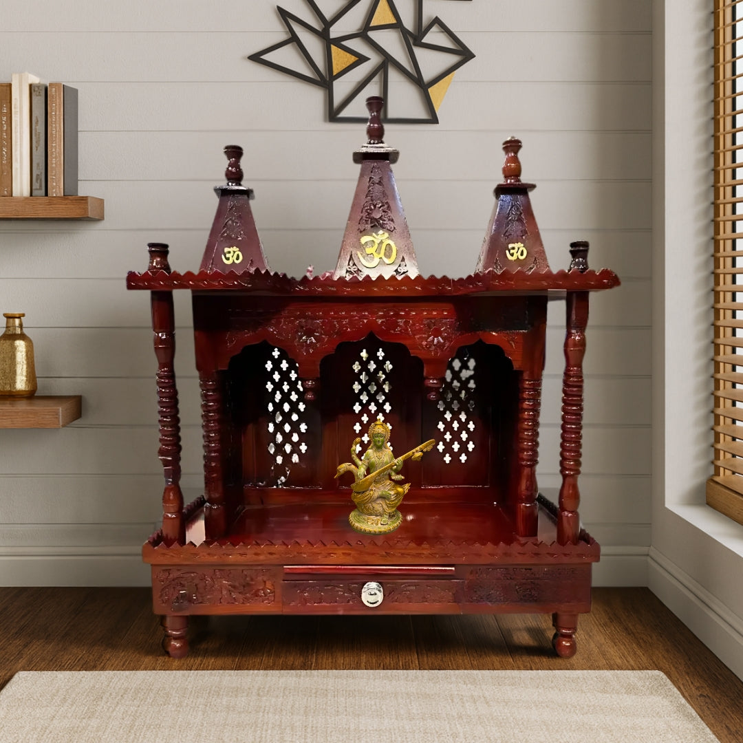lifestyle view of dimensions of Kaveri Teak Wood Mandir (Brown) 