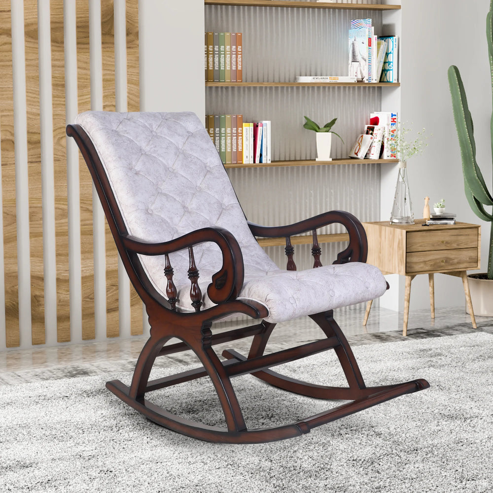 Touffy Fabric Upholstered Teak Wood Rocking Chair lifestyle view 