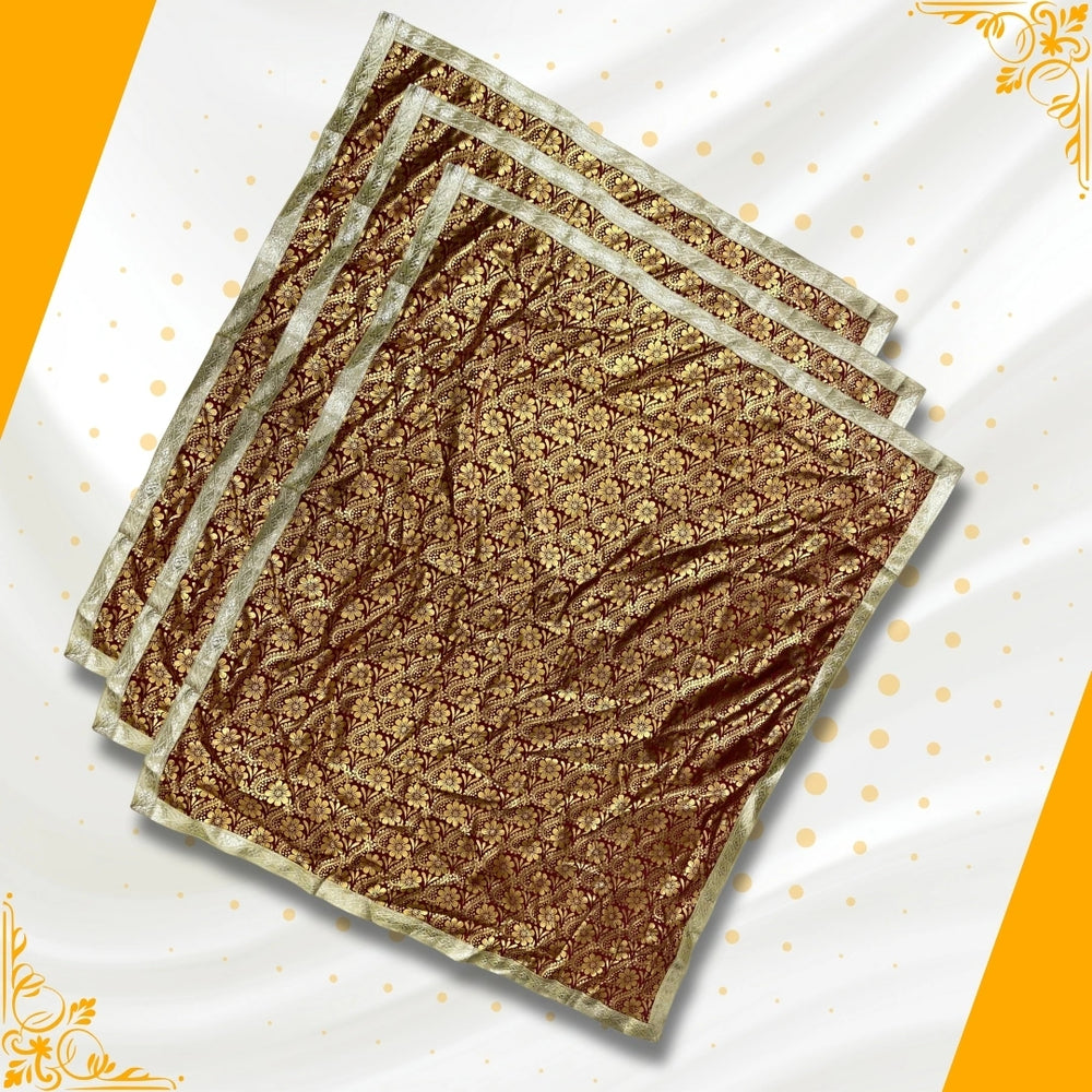main view of Golden Floral Design Brown Pooja Aasan with Silver Border