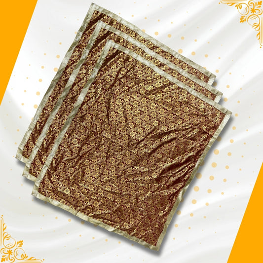 main view of Golden Floral Design Brown Pooja Aasan with Silver Border