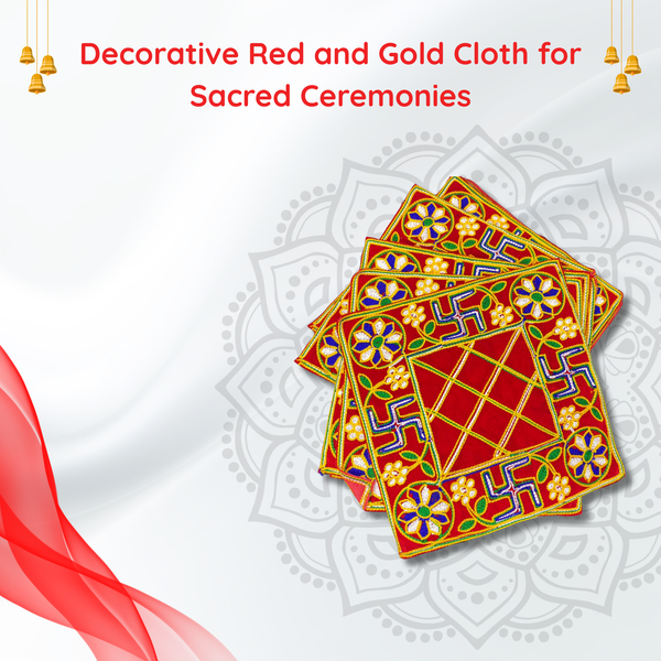 main view of Red Pooja Aasan with Floral & Swastik Design