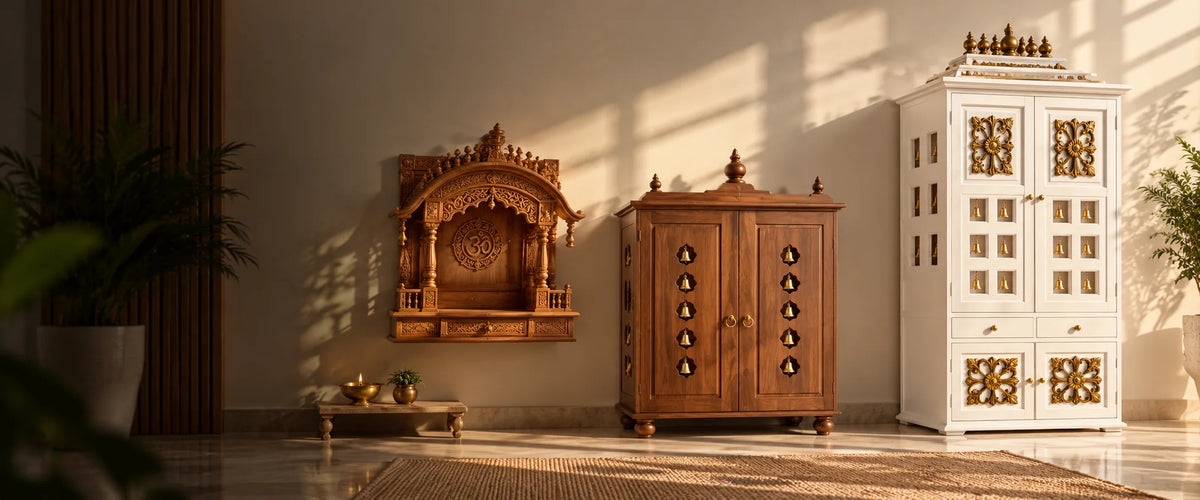 Three teak pooja mandirs of different sizes in one room