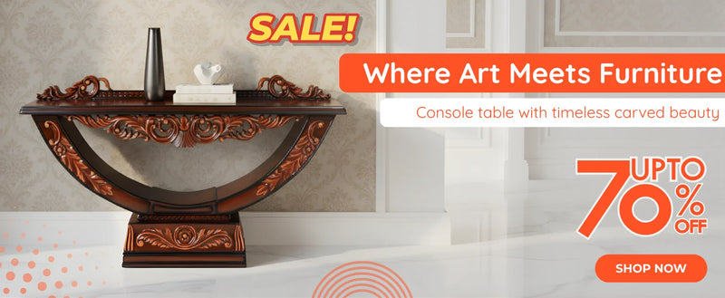 Console table with carved design on a light background, promotional text overlay.
