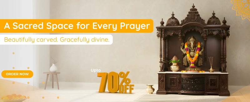 Wooden temple with decorative items on a light background, featuring text about a sacred space for prayers and an offer.