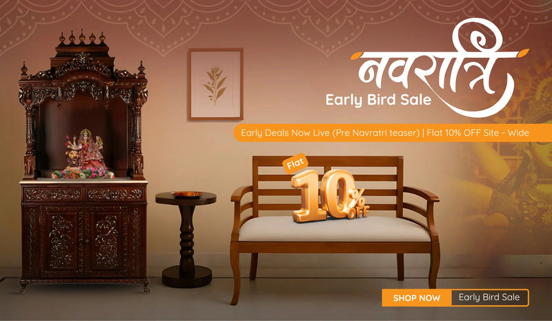Wooden temple with Durga idol, wooden bench, and festive Navratri early bird sale banner offering flat 10% off sitewide.