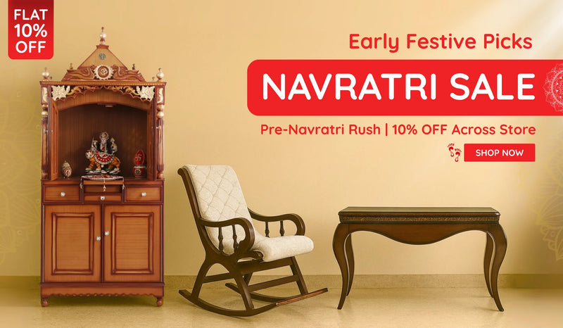 Wooden pooja mandir with idol, rocking chair, and console table with Navratri sale banner offering flat 10% off across store.