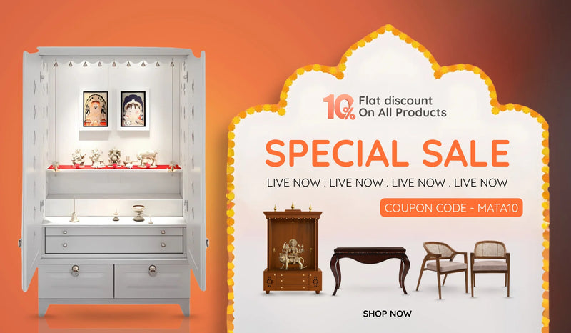 White pooja mandir with idols and festive orange-themed sale banner offering 10% discount on all products with coupon code MATA10.