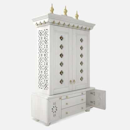 open drawer  side angle   of Vrittika Teak Wood Pooja Mandap with Door (White) 