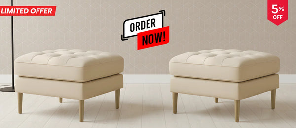 Two beige ottomans on a light wooden floor with promotional text above.