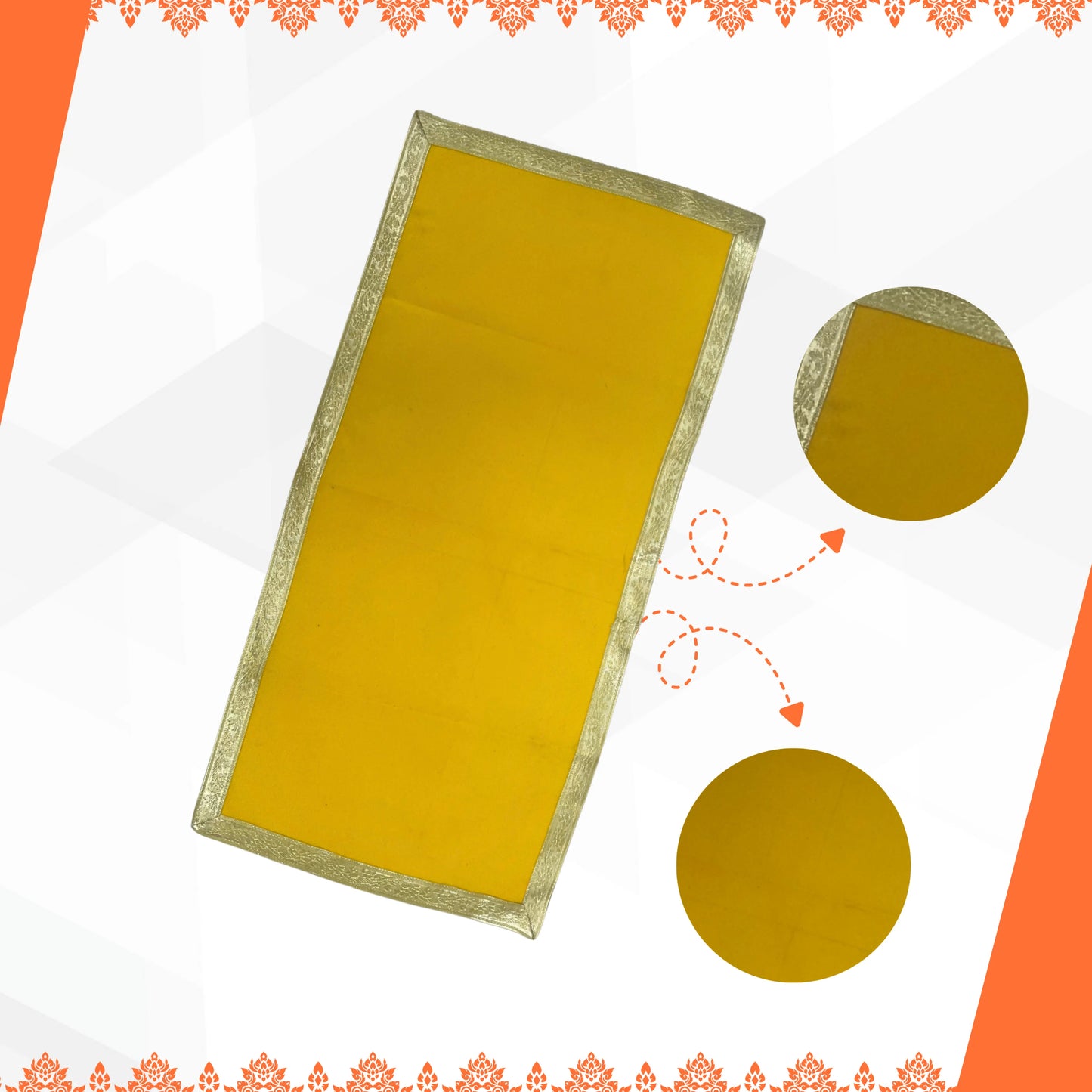pattern view  of Yellow Cotton Aasan with Golden Zari Border – 19x39 inch 