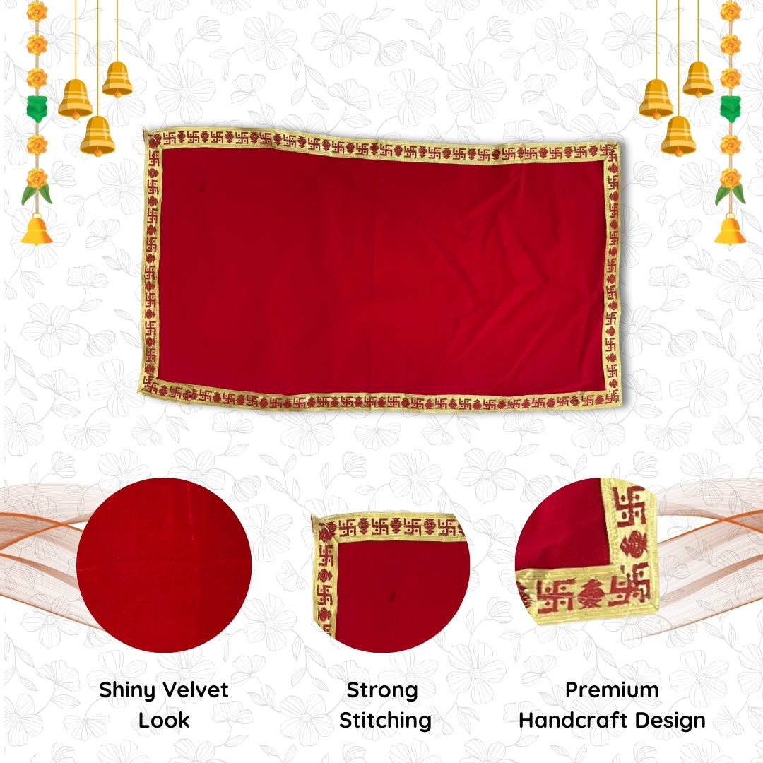pattren-view-of-Red-Velvet-Pooja-Aasan-with-Golden-Swastik-Border – 18x36.5-Inch 