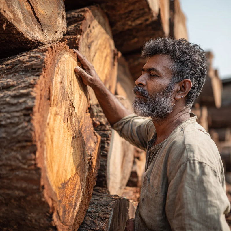 a person checking quality of teakwood