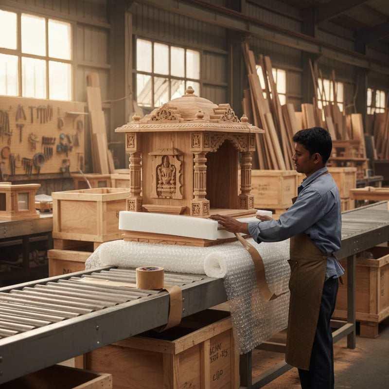 Man packaging a wooden temple model in a workshop