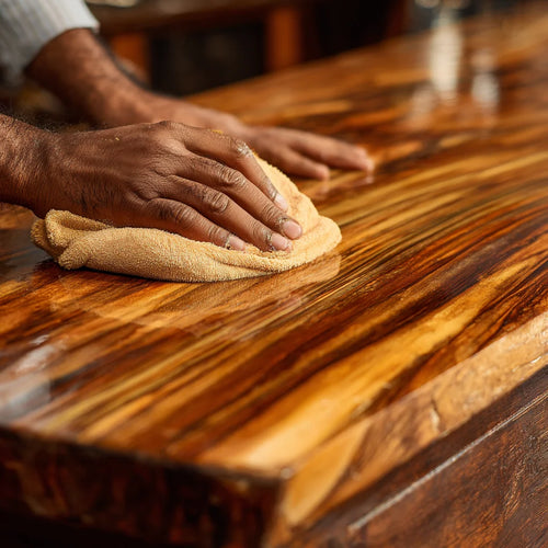 Close-up of a person polishing a glossy teakwood surface with a soft yellow cloth, highlighting the natural grain and shine of the wood.