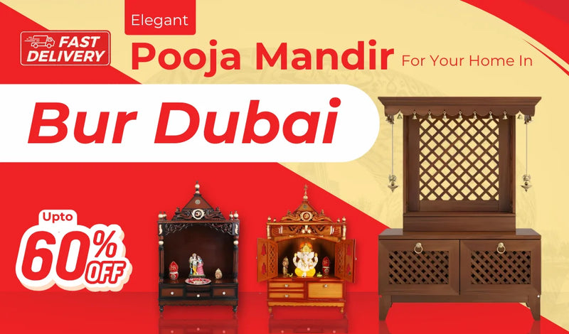 Advertisement for Pooja Mandir with promotional text and images of mandirs on a red and beige background.