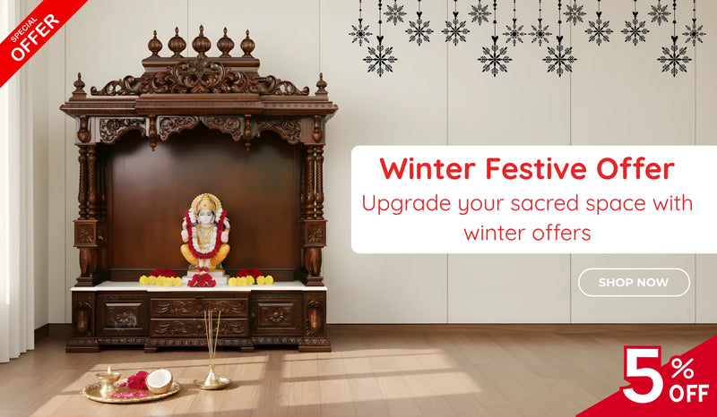 Decorative pooja mandir winter festive offer text on a white wall.
