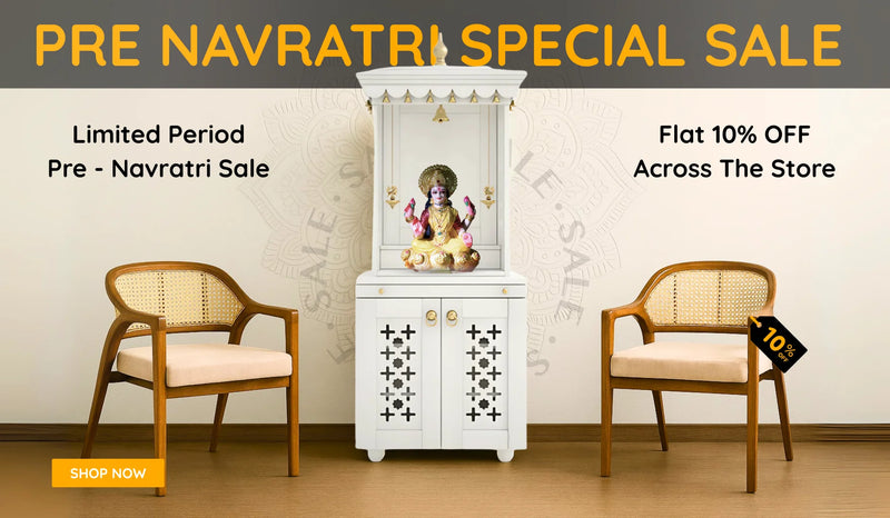 White wooden pooja mandir with Lakshmi idol and cane chairs, highlighting pre Navratri special sale flat 10% off storewide.