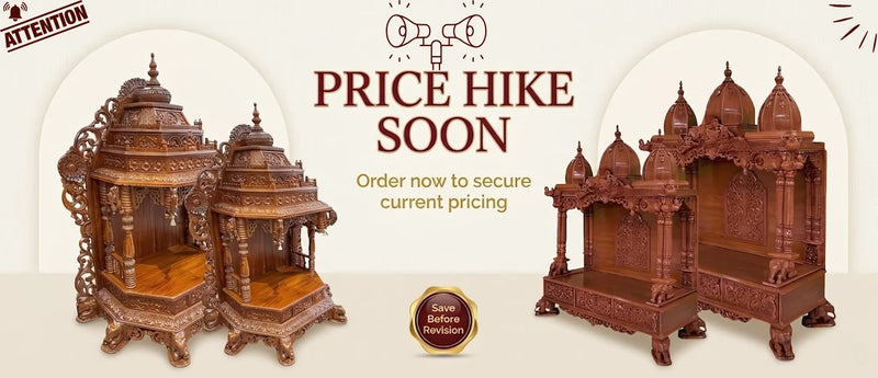 Wooden temples with a 'Price Hike Soon' warning on a white background