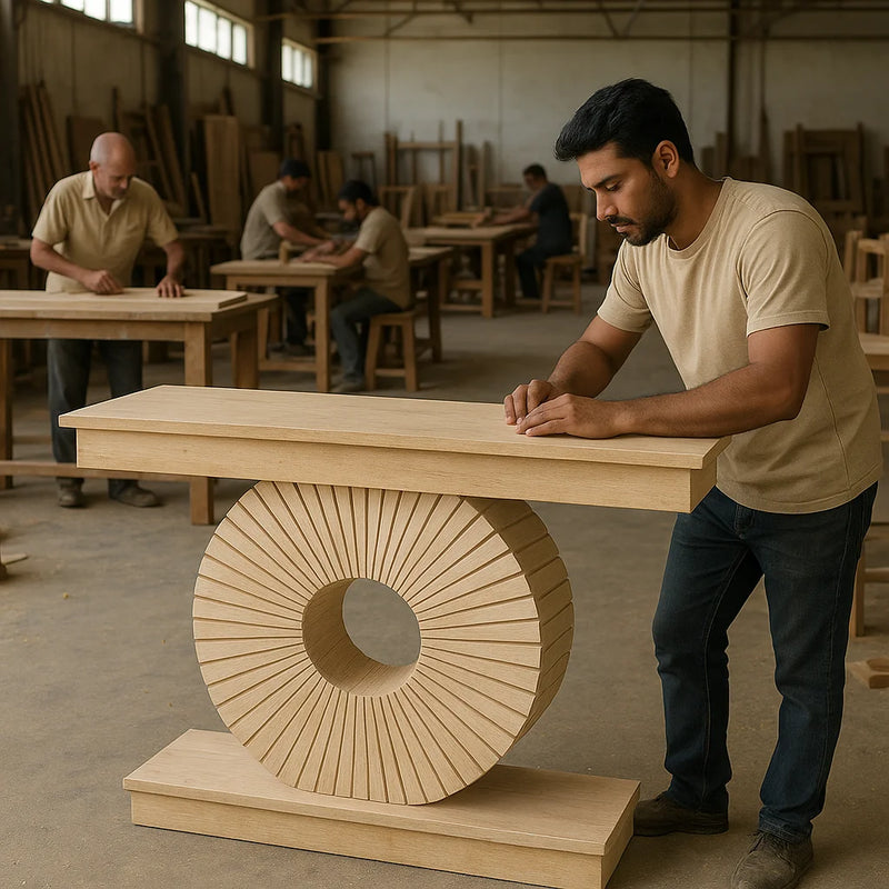 Man working on a wooden console table with a decorative design in a workshop.
