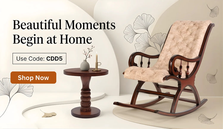 Rocking chair and side table with decorative elements on a light background, featuring a promotional message.