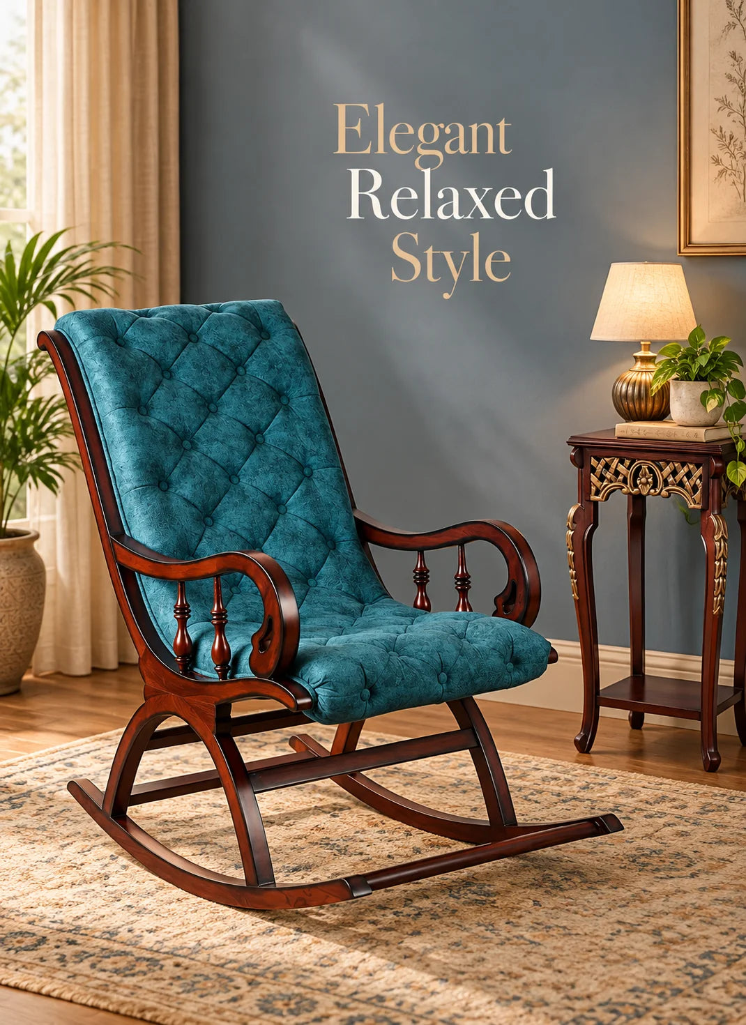 Teak wood rocking chair with blue cushion