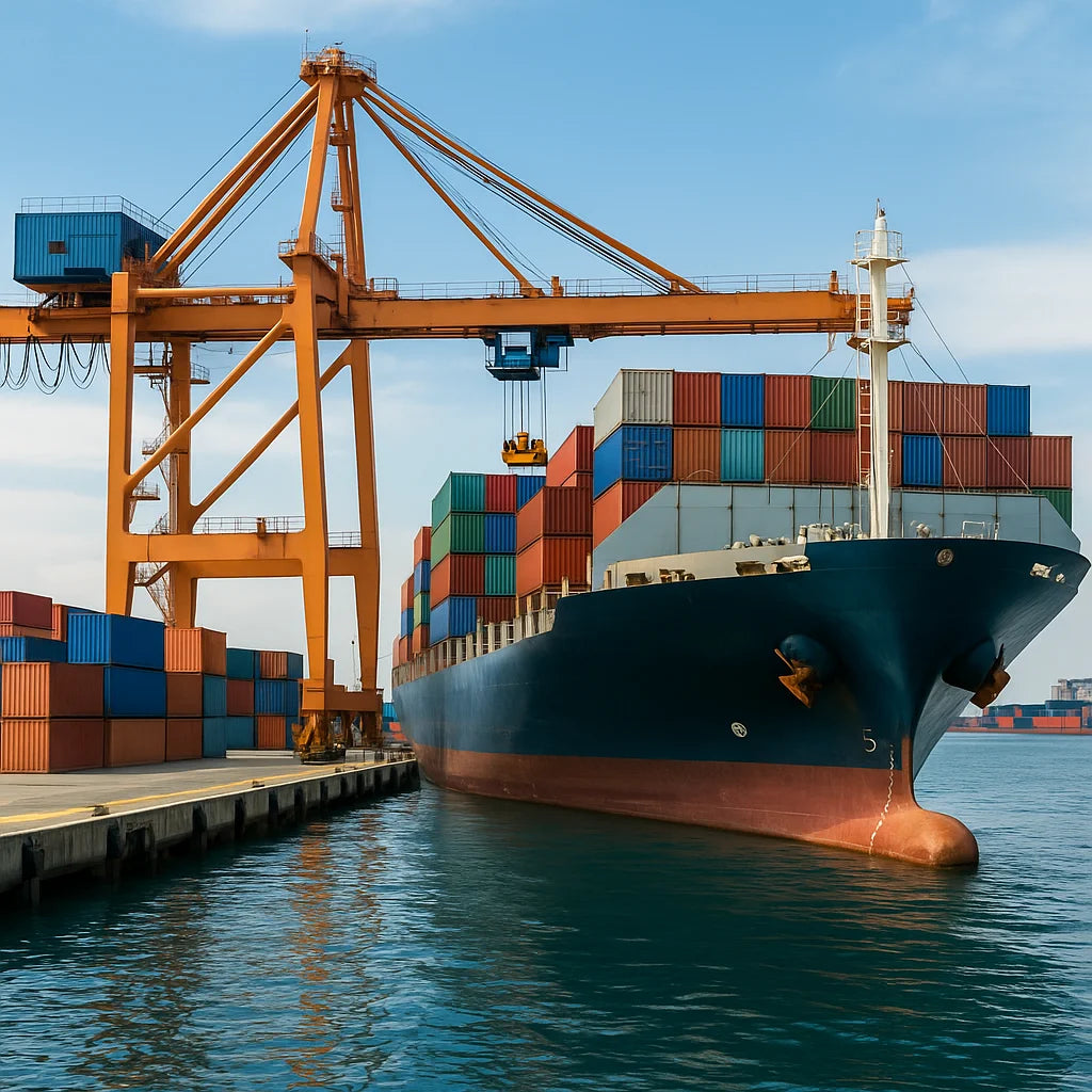 Sea freight cargo ship with containers at port