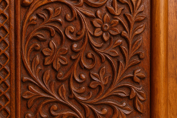 Close-up of a wooden panel with intricate carvings
