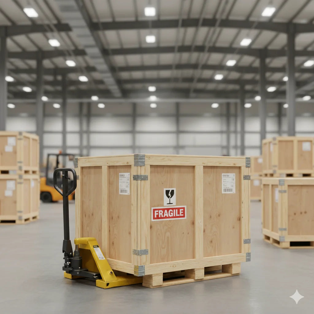 Wooden crates with 'Fragile' label in a warehouse setting