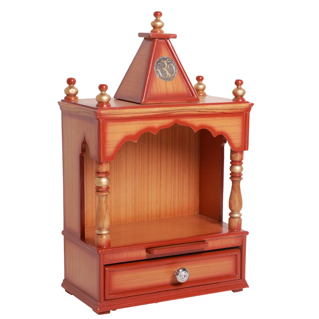 side view of Alaya Wall Mount Pooja Mandir without Door (Teak Gold) 