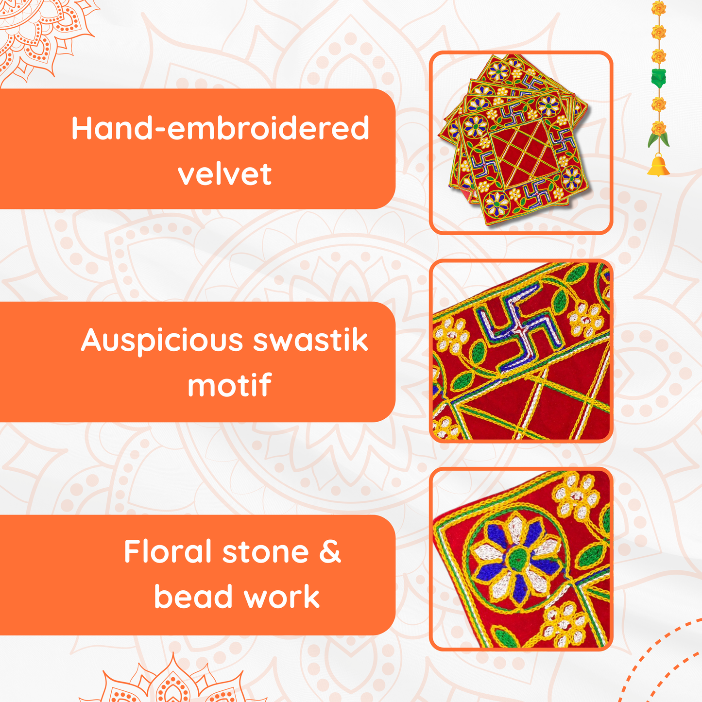 specltion  view of Red Pooja Aasan with Floral & Swastik Design