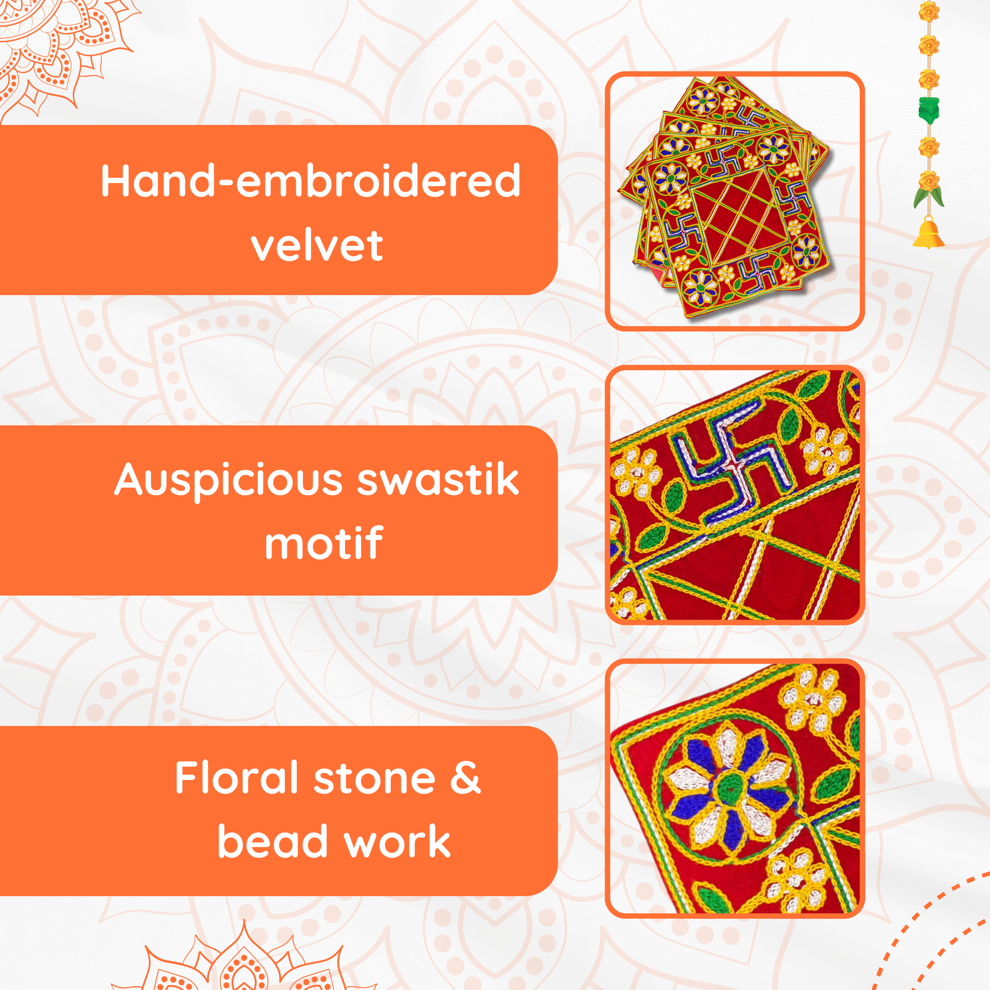 specltion  view of Red Pooja Aasan with Floral & Swastik Design