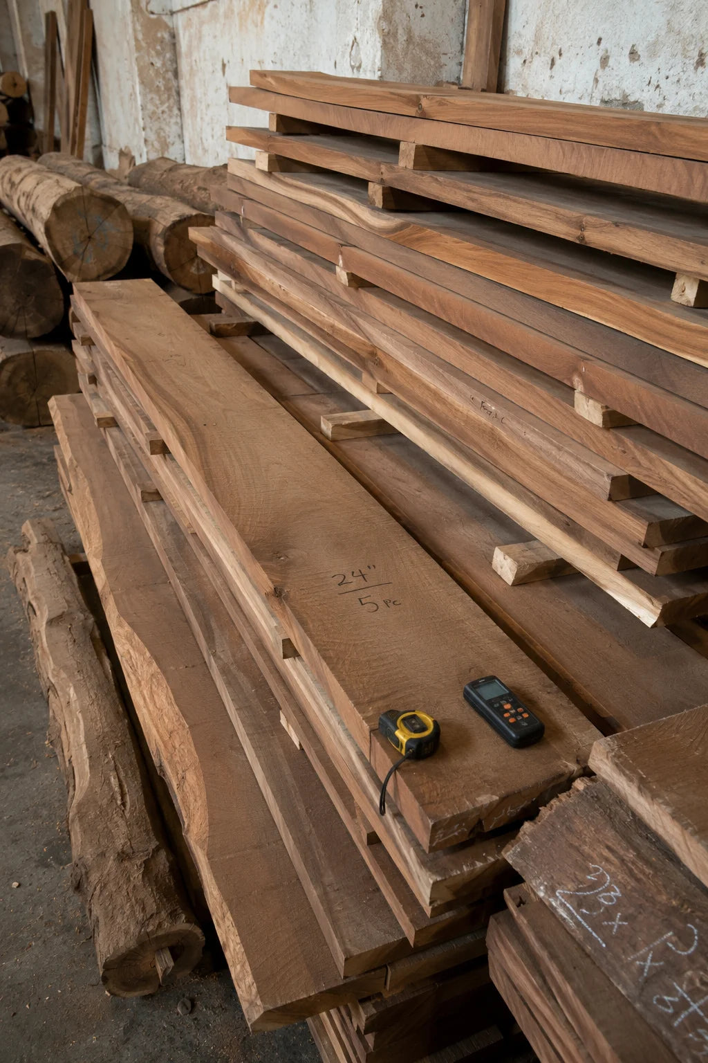 Stacked planks of seasoned teak in the DZYN workshop