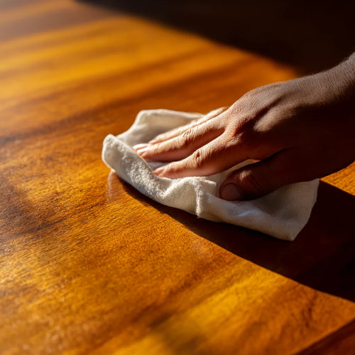 Close-up of a hand polishing a wooden surface with a soft white cloth, highlighting the rich grain and glossy finish of the wood.