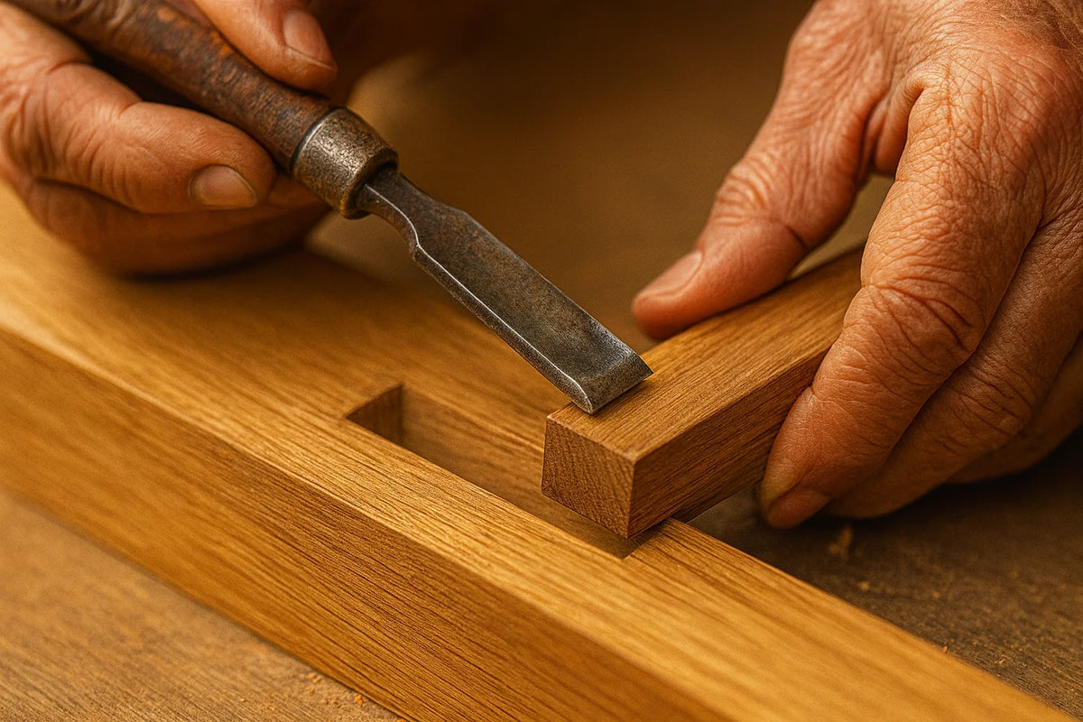 Woodworking process with a chisel on a wooden surface