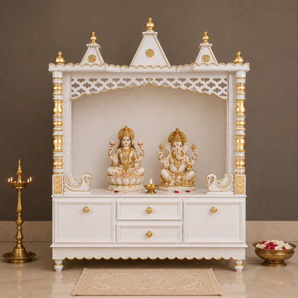 Abhikya Kostha Floor Rested Pooja Mandir without Door (White Gold) Lifestyle Image