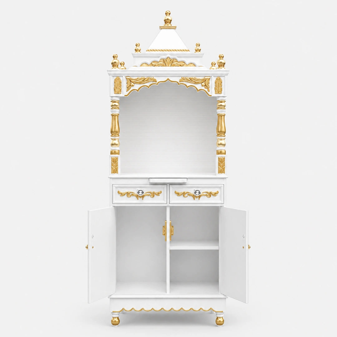 Suramya Floor Rested Pooja Mandap (White Gold) Front View Open Drawer