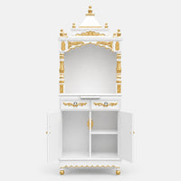 Suramya Floor Rested Pooja Mandap (White Gold) Front View Open Drawer