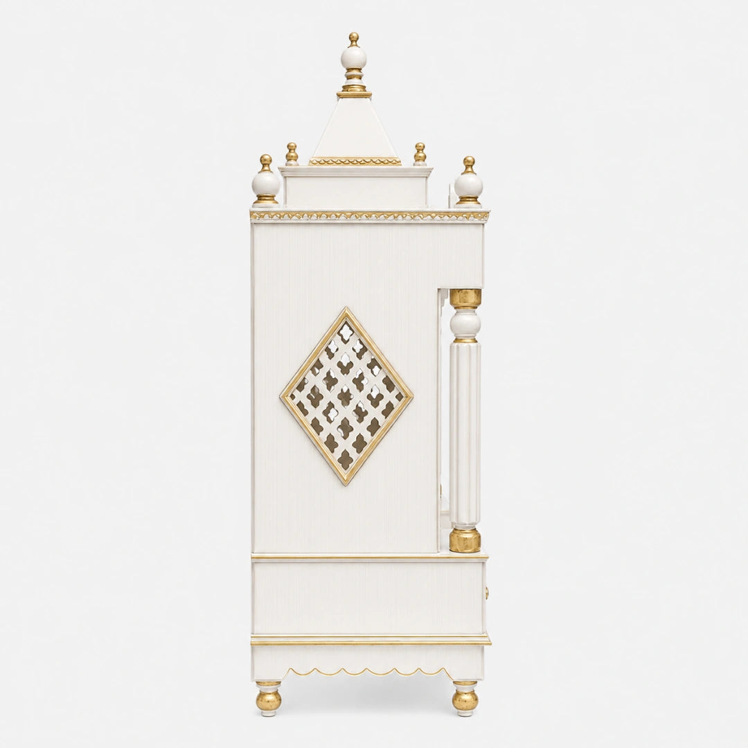 Pooja Graham Large Floor Rested Pooja Mandir with Door (White Gold) Side Angle