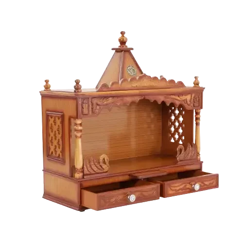 SukhatMan Large Wall Mount Pooja Mandir/Wooden temple in Teak Color 45° side view open drawers