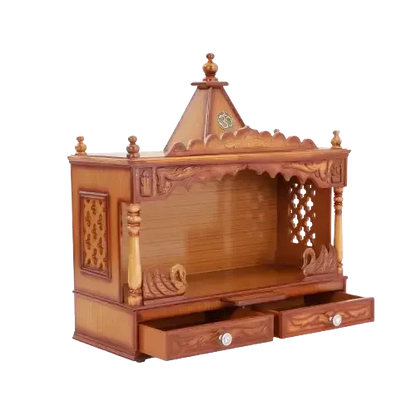 SukhatMan Large Wall Mount Pooja Mandir/Wooden temple in Teak Color 45° side view open drawers