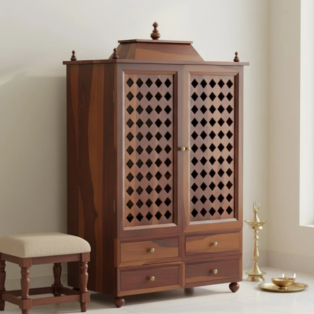 lifestyel-view-of-Aarvith-Teak-Wood-Pooja-Mandap-with-Door-Teak