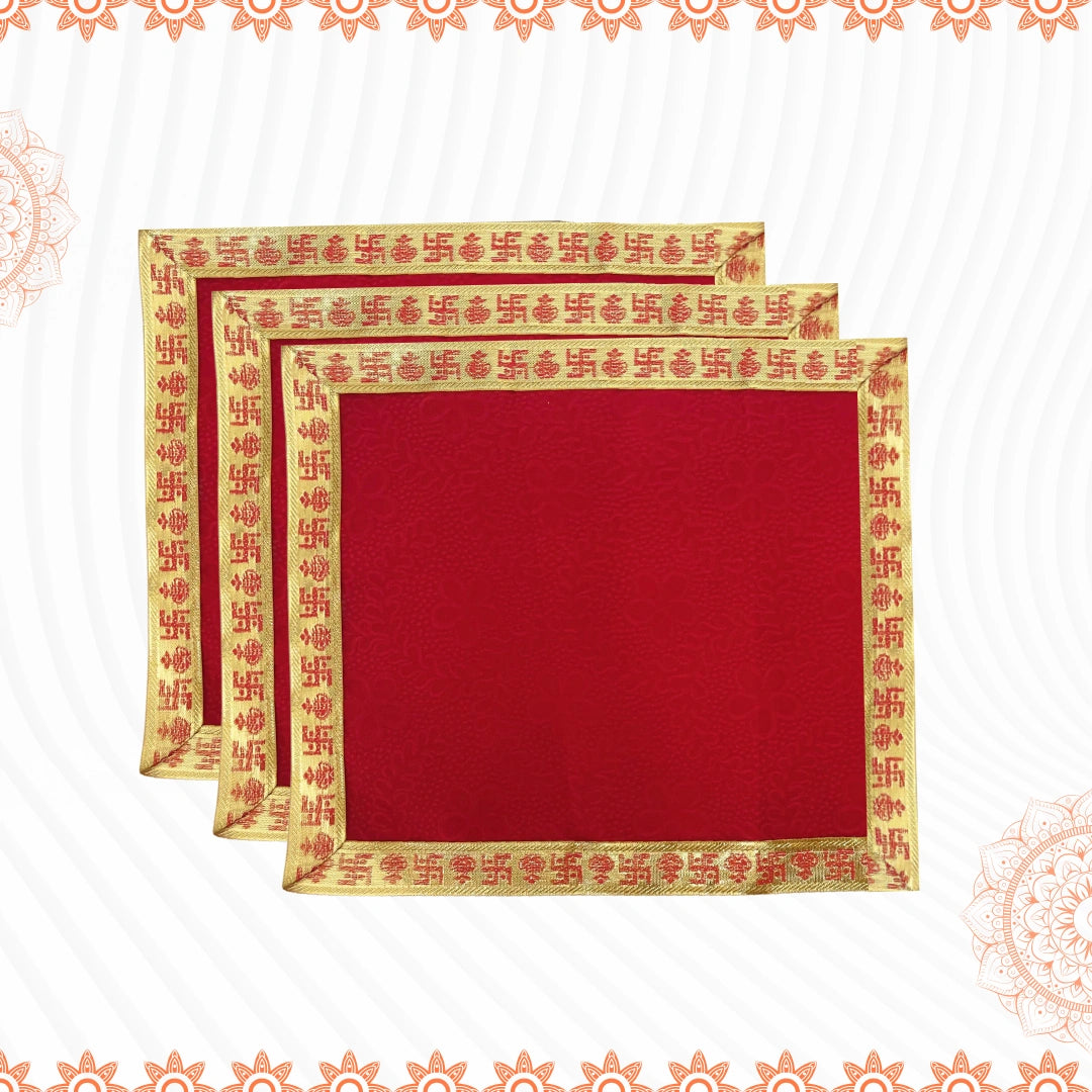 top view Red Pooja Aasan with Swastik Kalash Border – 14x14 Inch 