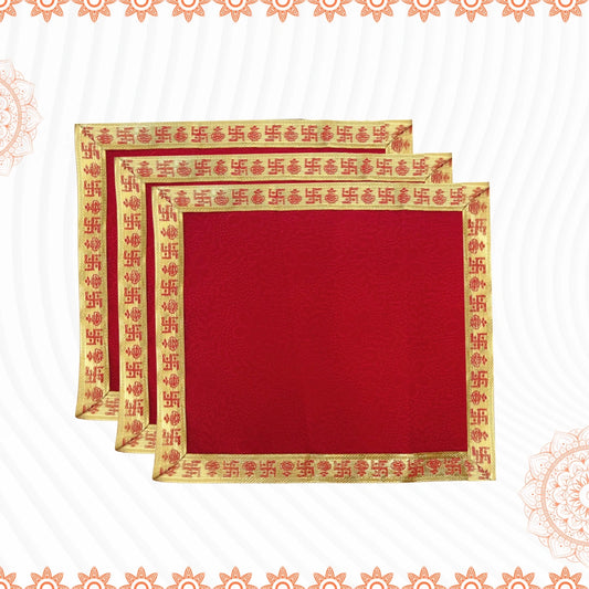top view Red Pooja Aasan with Swastik Kalash Border – 14x14 Inch 