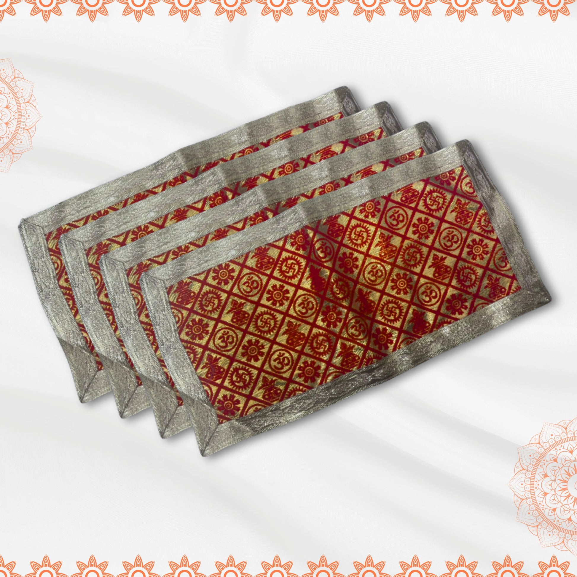Red and Golden Brocade Puja Aasan with Spiritual Motifs top view