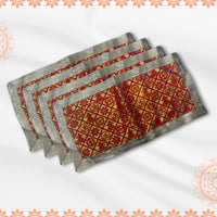Red and Golden Brocade Puja Aasan with Spiritual Motifs top view