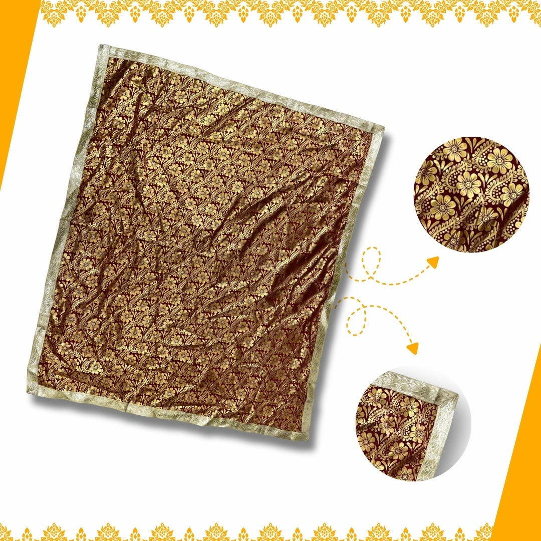 top view of Golden Floral Design Brown Pooja Aasan with Silver Border