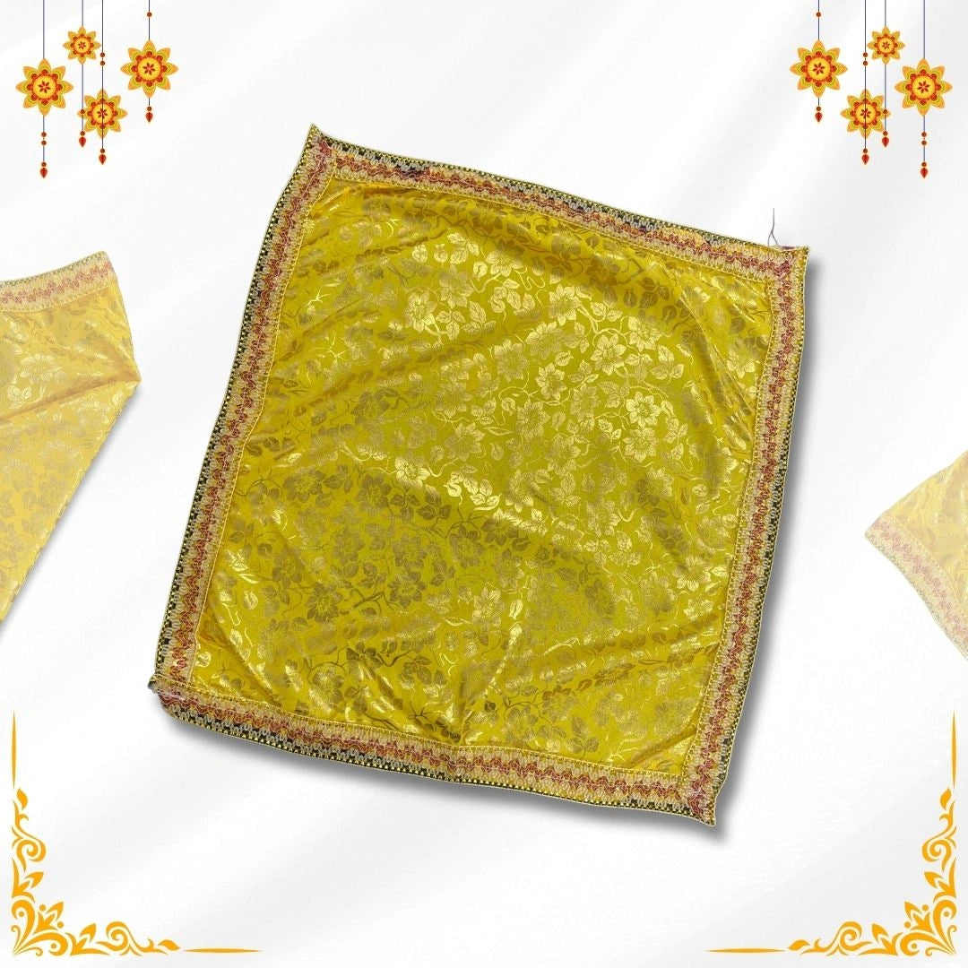 top view of Golden Floral Pooja Aasan with Lace Border