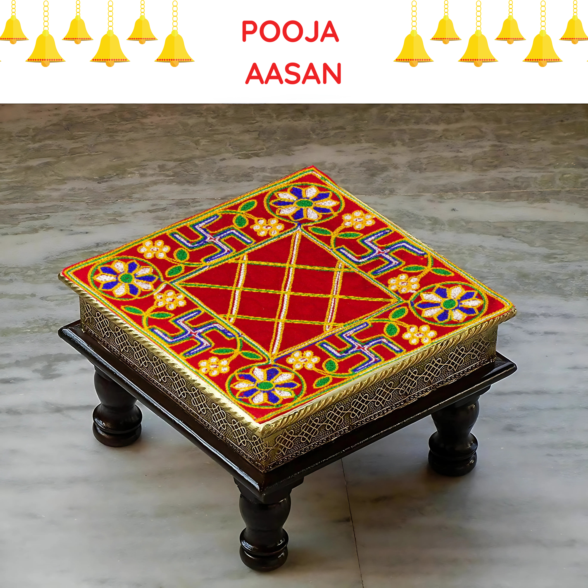 top view of Red Pooja Aasan with Floral & Swastik Design